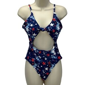 California Waves Knot Front Star Print One Piece Swimsuit - Blue Red White - Lrg